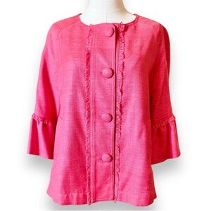 SARA CAMPBELL Raglan Matka Silk Fringe Jacket w Pockets Coral Pink Preppy Blazer